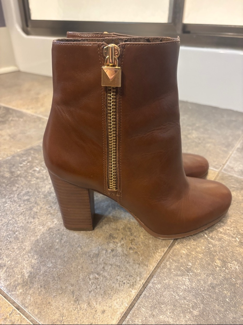 Women's Brown Leather Zip Ankle Boots - Gold Hardware
